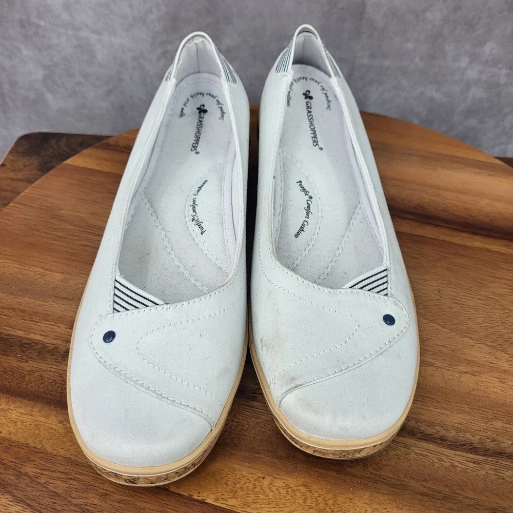 Grasshoppers Wedge Sandals Womens 8.5 White Cork Canvas Slip On Comfort Shoes‎